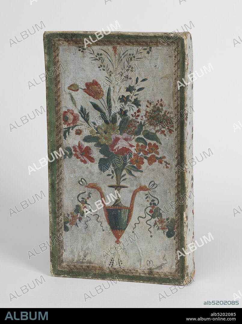 Box and lid, Jean-Baptiste Réveillon, French, 17251811, Block-printed paper on pasteboard support, Box covered with Réveillon wallpaper, featuring arabesque printed on light blue ground on cover, with narrow border running around edges. Bottom and inside are covered with French invoices., France, 17801785, Wallcoverings, Box and lid.