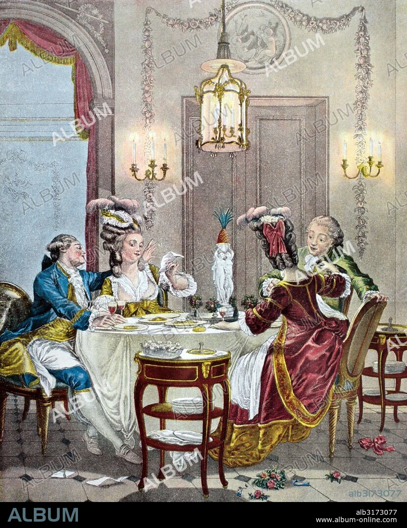 Erotic dinner, french tinted engraving, 18th century.