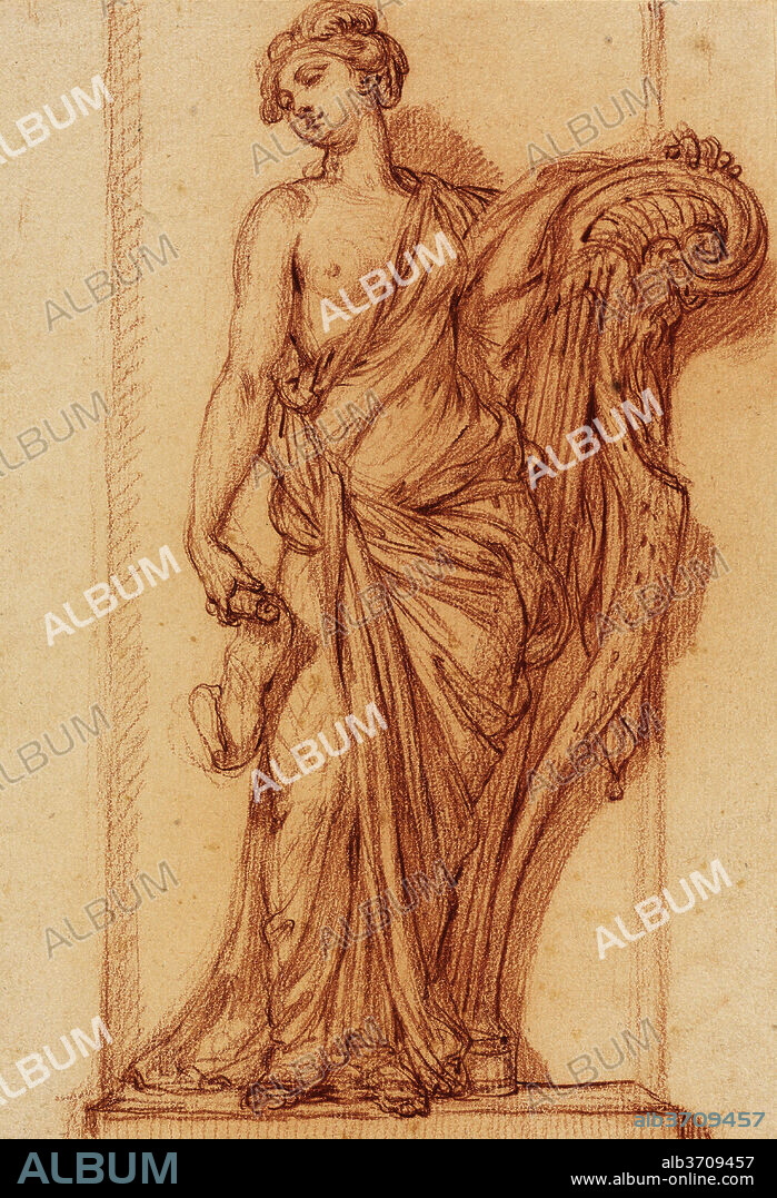 AUGUSTIN PAJOU. The Muse Terpsichore. Dated: c. 1768. Dimensions: overall: 30 x 20.5 cm (11 13/16 x 8 1/16 in.). Medium: red chalk on laid paper.