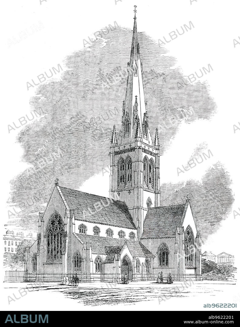 Church of the Holy Trinity, Building at Westminster, 1850. 'The Church of the Holy Trinity is designed in what is called the early or geometrical decorated style which prevailed at the time of Edward the First and Second...The site of the Church is a triangular piece of ground, close to Vauxhall Bridge...Bath stone is used for all the dressings, and Kentish rag for the body of the walls. The chancel and porches are lined on the inside with Bath stone, which will add materially to the effect; and it would be very desirable that the whole Church should be finished in the same way...The cost of the Church will be about £10,000...The architect is Mr. John L. Pearson, of Delahay-street, Westminster, and the builders are Messrs. Smith and Appleford, of Pimlico'. From "Illustrated London News", 1850.