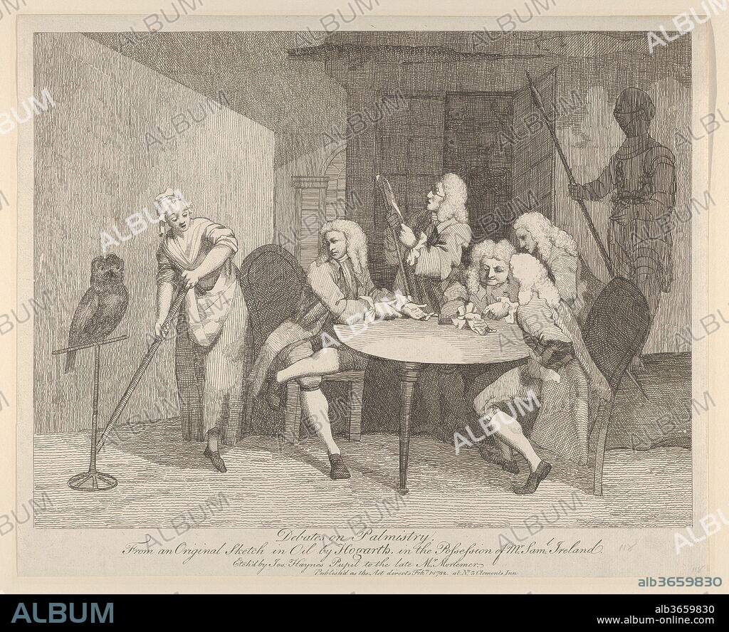 Debates on Palmistry. Artist: After William Hogarth (British, London 1697-1764 London). Dimensions: sheet: 11 13/16 x 14 9/16 in. (30 x 37 cm). Etcher: Joseph Haynes (British, 1760-1829). Date: February 1, 1782.