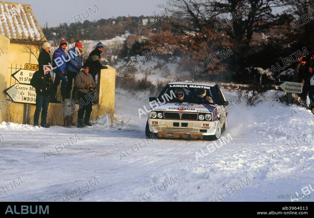 Juha Kankkunen in Lancia Delta HF during 1987 Monte Carlo Rally. He finished 2nd overall.