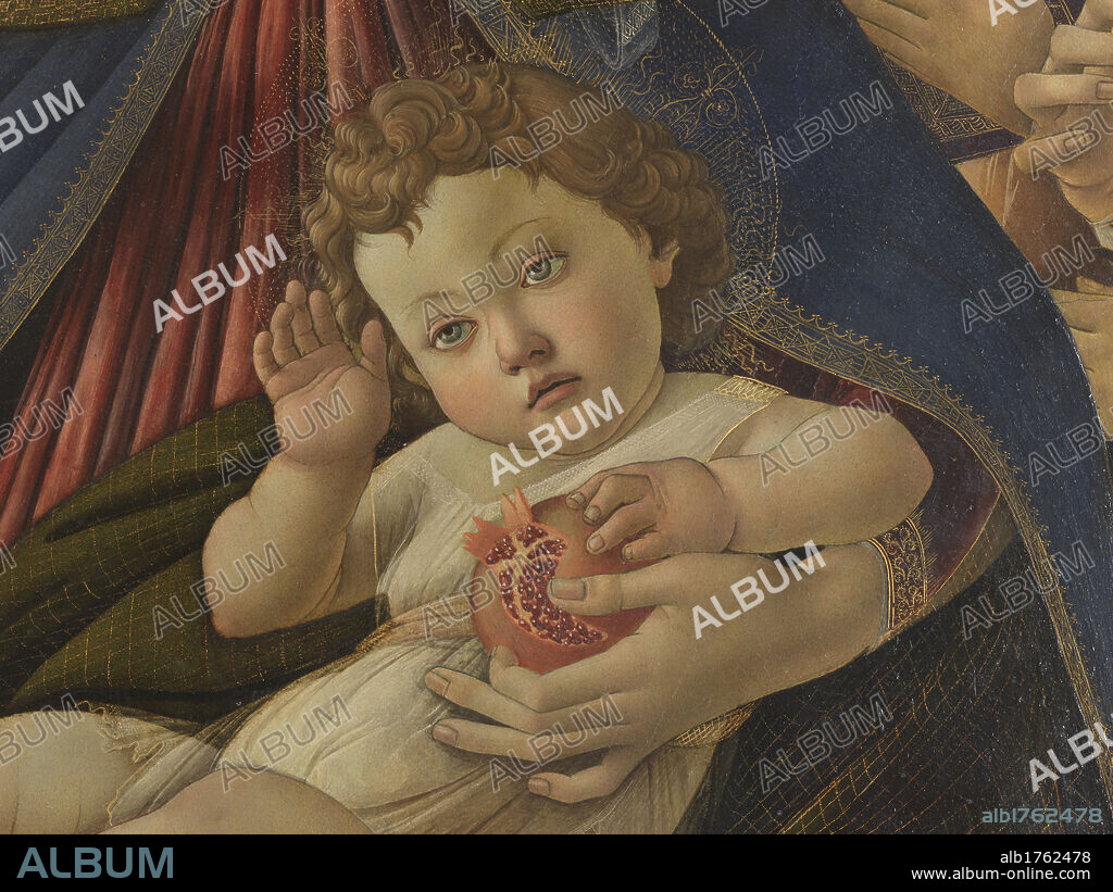 Virgin and Child with six angels (Madonna of the Pomegranate), by Sandro Filipepi Known as Botticelli, 1487, 15th Century, tempera on panel, 143,5 cm. Italy, Tuscany, Florence, Uffizi Gallery. Detail Infant Jesus pomegranate symbol of fertility halo white gown brown tones, photographic campaign 2009. Authorization required for non editorial use.