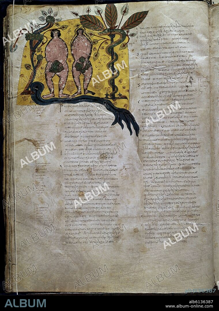SANCTUS Y FLORETINUS (S X) COPISTAS. CODEX BIBLICUS LEGIONENSIS - BIBLIA MOZARABE DE LEON (960) - PROBABLEMENTE DEL CALIGRAFO FLORENCIO- ADAN Y EVA - SIG 2.