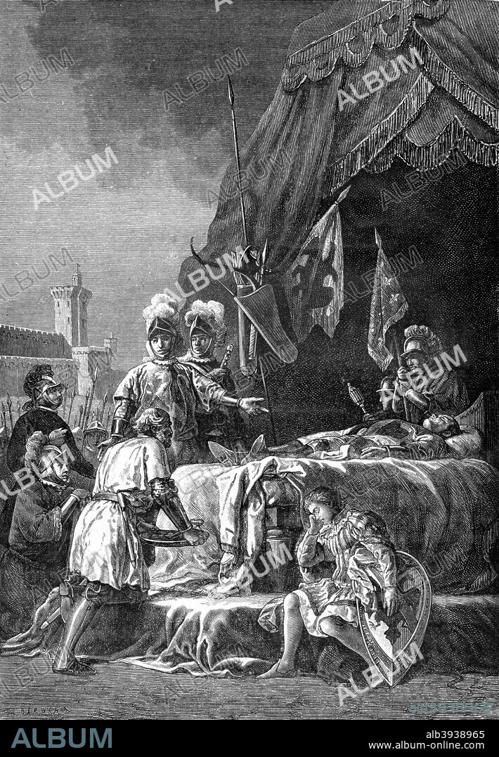 Death of Bertrand du Guesclin, Breton knight, 1898. A print from Les Français Illustres, by Gustave Demoulin, Hachette, Paris, 1898.