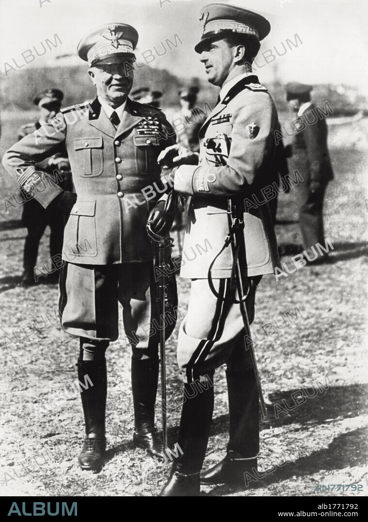 Pietro Badoglio and the prince of Piedmont Umberto. General Pietro Badoglio meets the heir to the throne of Savoy, the prince of Piedmont Umberto, after Italy has entered the war. Grazzano Badoglio (Asti), 1940.