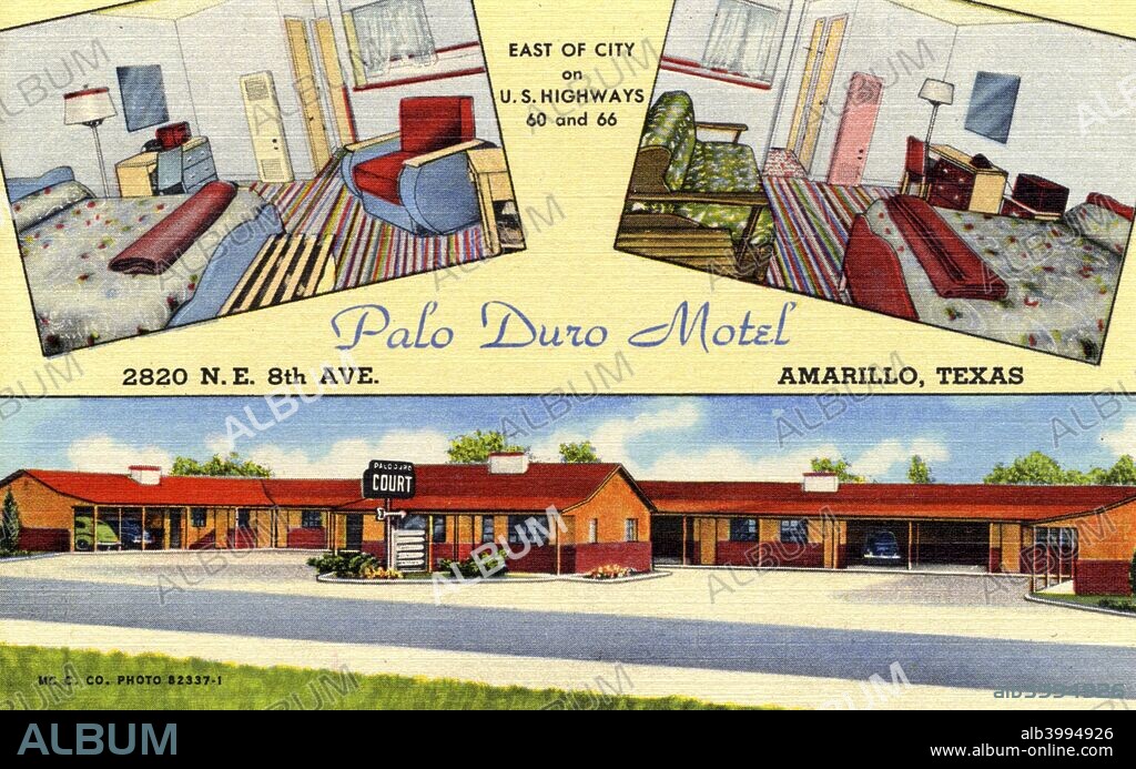 Palo Duro Motel, Amarillo, Texas, USA, 1950. Vintage postcard shows exterior and interior bedroom images of the motel on Route 66. Cars are visible in the carports.