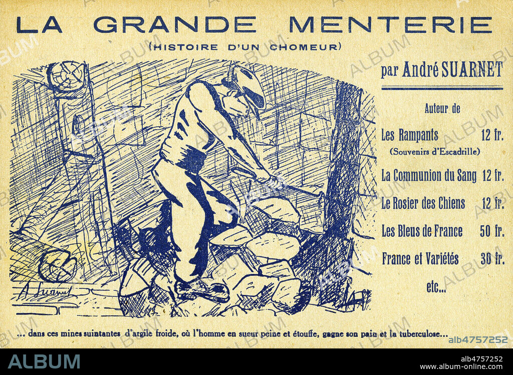'La grande menterie (histoire d'un chomeur)', ouvrage d'Andre SUARNET. Carte postale publicitaire vers 1925. Illustration par Suarnet. Credit : Collection IM/KHARBINE-TAPABOR.