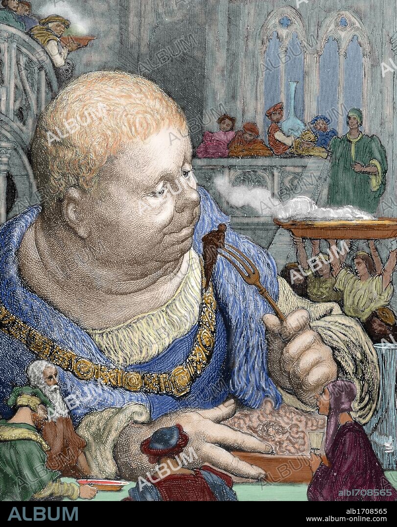 RABELAIS, François (La Devinière, h.1494-París, 1553). Escritor francés. "EL GIGANTE GARGANTUA Y PANTAGRUEL". Grabado de Gustavo Doré. "Vida inestimable del gran Gargantúa" (1534), de Rabelais. Coloreado.