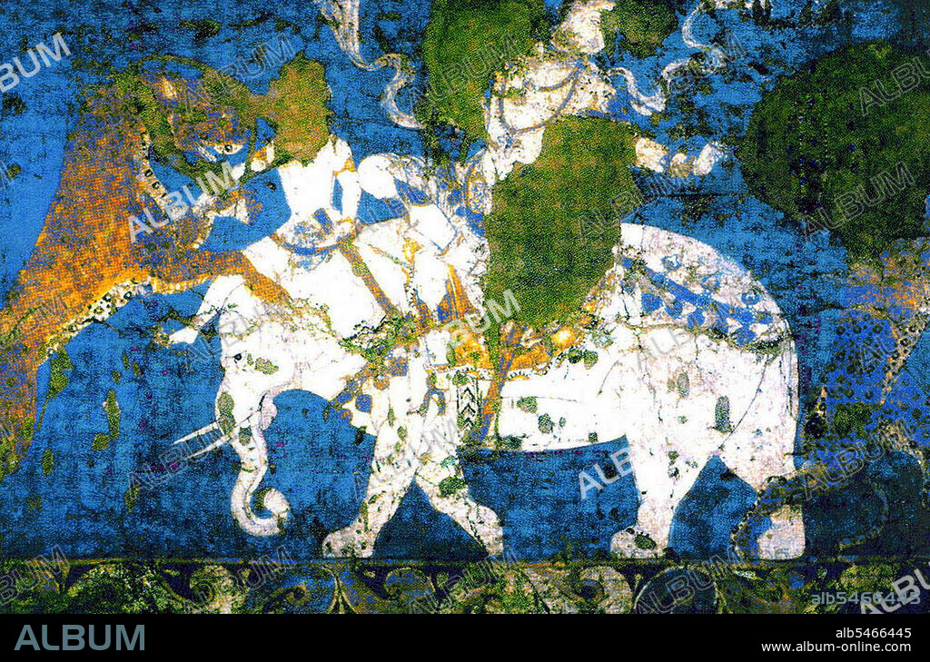 The Afrasiab painting is a rare example of Sogdian art. It was discovered in 1965 when the local authorities decided on the construction of a road through the middle of Afrasiab mound, the old site of pre-Mongol Samarkand. It is now preserved in a special museum on the Afrasiab mound. It is the main painting we have of ancient Sogdian art. The painting dates back to the middle of the 7th century CE. On the four walls of the room of a private house, three or four different countries neighbouring Central Asia are depicted. On the northern wall China (a Chinese festival, with the Empress on a boat, and the Emperor hunting), on the Southern Wall Samarkand (the Iranian world: a religious funerary procession in honor of the ancestors during the Nowruz festival), on the eastern wall India (as the land of the astrologers and of the pygmies, but the painting is much destroyed there). The topic on the main wall, the western wall facing the entrance is debated between specialists. Turkish soldiers are escorting ambassadors coming from various countries of the world (Korea, China, Iranian principalities, etc). There are three main hypotheses. The leading expert on Sogdian painting, the excavator of Panjikent, B. Marshak points out that Sogdian painting, gods are always depicted on the top of the main wall. However, as the Turks are guiding the embassies but are not themselves ambassadors, it has been suggested also that the Turkish Qaghan, then lord of inner and central Asia, might be depicted there. A Chinese text states that the 'Four Lords of the World', here China, India, Iran and Turan, are depicted on the walls of palaces near Samarkand precisely during this period, and this would perfectly fit the four walls of this room. The last hypothesis makes use of an inscription mentioning the king of Samarkand to propose the idea that the ambassadors are presenting their gifts to him.