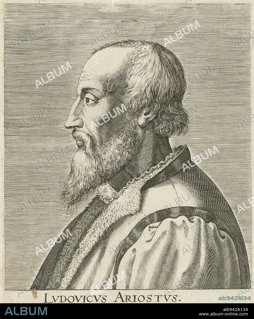 Portrait of Ludovico Aristo, poet at the court of Ferrara In profile to the left The print has a Latin caption, Portrait of Ludovico Aristo Lvdovicvs Ariostvs , print maker: Philips Galle, Franciscus Raphelengius (I), publisher: C. Galle, (possibly), Antwerp, 1587 - 1612, paper, engraving, w 117 mm × h 168 mm.