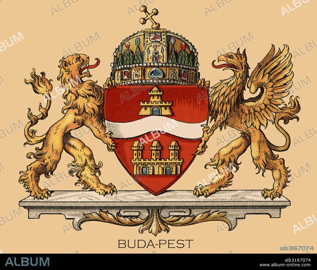 Europa. Escudo heráldico de la ciudad de Budapest, Hungría. Grabado de 1870.