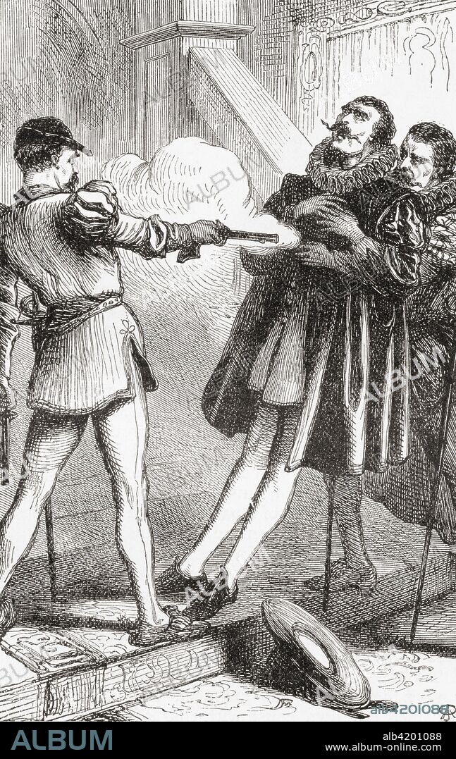 The assassination of William of Orange by Balthasar Gerard in 1584.  William I, Prince of Orange, 1533 - 1584, aka William the Silent, William the Taciturn and William of Orange.  Main leader of the Dutch revolt against the Spanish Habsburgs that set off the Eighty Years' War.   From Ward and Lock's Illustrated History of the World, published c.1882.