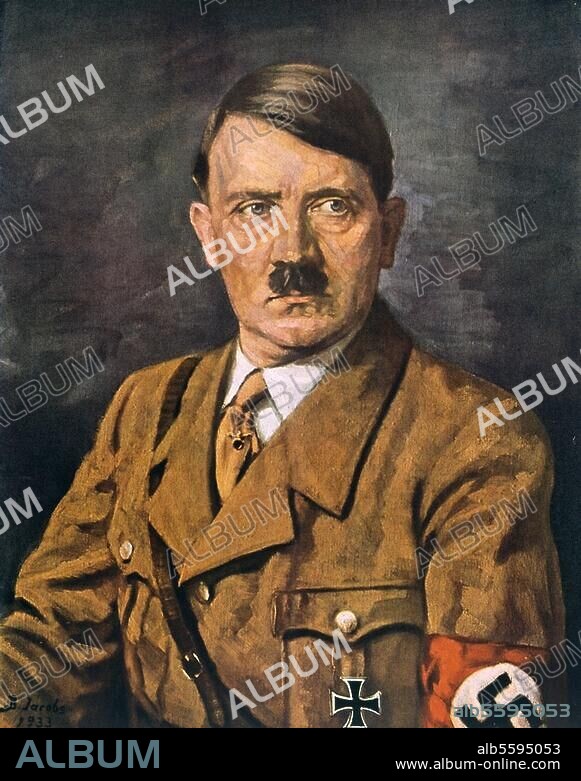 B. JACOBS. Hitler, Adolf Dictator (NSDAP), 1889-1945. Portrait in party uniform with swastika armband. Painting, 1933, by B.Jacobs.