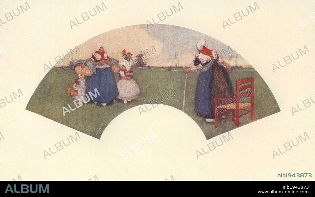 Fan painted on silk by Henri Cassiers (1858-1944). Dutch landscape with peasants in front of windmills.. Color plate from Charles Holme's "Modern Design in Jewellery and Fans," published by the Studio 1902.