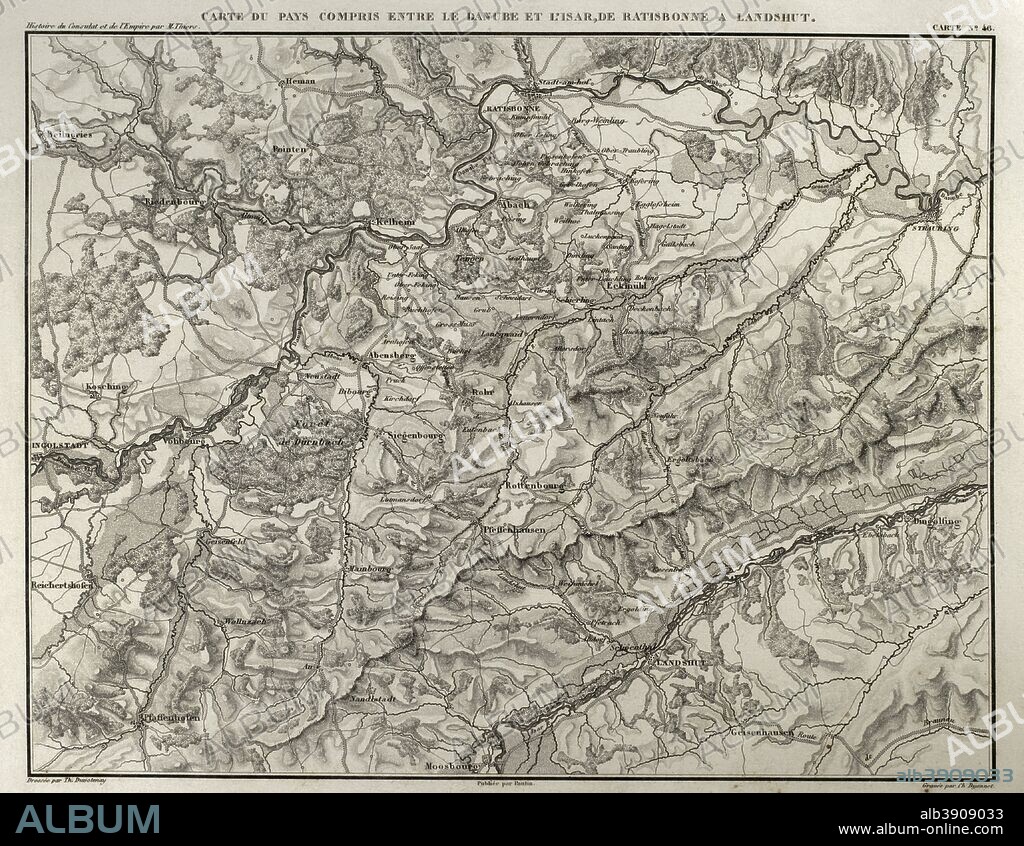 Napoleonic map. Territory between the Danube and Isar rivers, from Regensburg to Landshut (Germany). Atlas de l'Histoire du Consulat et de l'Empire. History of the Consulate and the Empire of France under Napoleon by Marie Joseph Louis Adolphe Thiers (1797-1877). Drawings by Dufour, engravings by Dyonnet. Edited in Paris, 1864.