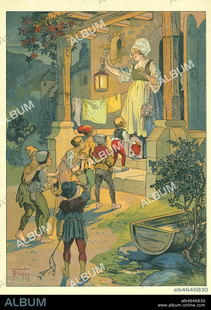 Le petit Poucet : Poucet et ses frères arrivent à la maison de l'ogre. Illustration de Henri THIRIET (1873-1946). Credit: Coll. Kharbine-Tapabor.