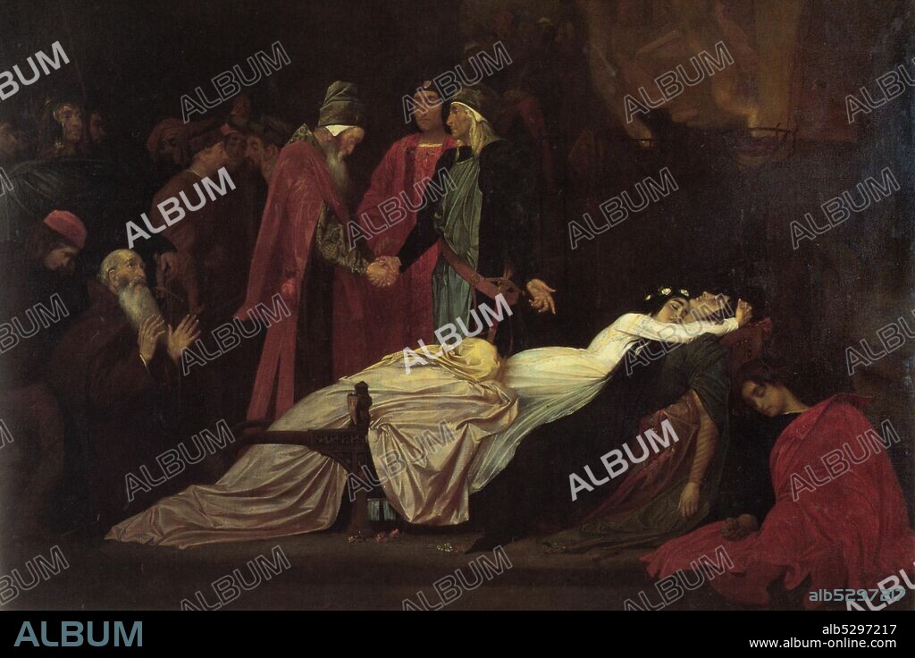 The Reconciliation of the Montague's and Capulet's over the Dead Bodies of Romeo and Juliet.  Frederic Leighton, 1st Baron Leighton, PRA (3 December 1830 – 25 January 1896), known as Sir Frederic Leighton between 1878 and 1896, was an English painter and sculptor. His works depicted historical, biblical, and classical subject matter..