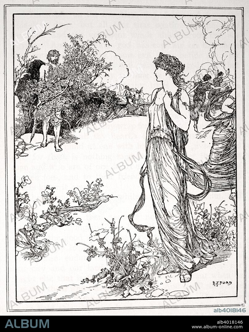 'How Ulysses met Nausicaa', 1926. Ulysses (Odysseus) encounters Nausicaa, the beautiful daughter of King Alcinous. A print from Tales of the Greek Seas by Andrew Lang, 1926.