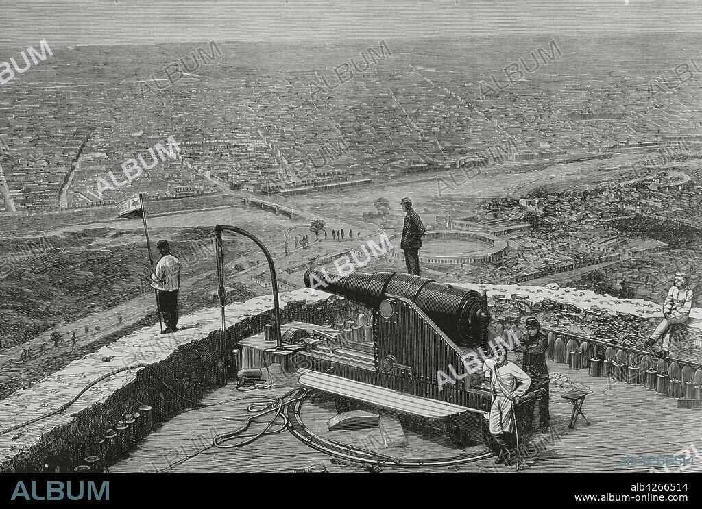 The War of the Pacific or Saltpetre War. Armed conflict that pitted Chile against the allies of Bolivia and Peru. 1879-1883. Peru, Lima. Panoramic view from the fort of San Cristobal, occupied by Chilean troops since January 18, 1881. During the Lima campaign, one of the land phases of the War of the Pacific, President Nicol‡s de PiŽrola ordered the installation of cannons on the top of the hill in order to attack the Chilean army from there, at a time when it was believed that the army would advance from the north. However the Chileans did so from the south. This site was called by himself as "Ciudadela PiŽrola" and never went into action, being captured by the Chileans when they occupied the city. Engraving. La Ilustracion Espa–ola y Americana, 1881.
