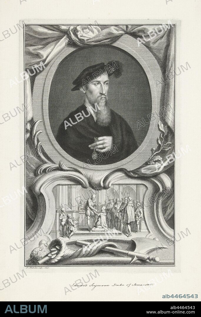 Portrait of Sir Edward Seymour, Portrait of Sir Edward Seymour. Below the portrait a performance with Edward Seymour and young Edward VI after the death of his father Henry VIII., Edward, Sir, First Duke or Somerset Seymour, Edward VI (King of England), Jacob Houbraken (mentioned on object), Amsterdam, 1736 - 1738, paper, pen, h 374 mm × w 237 mm.