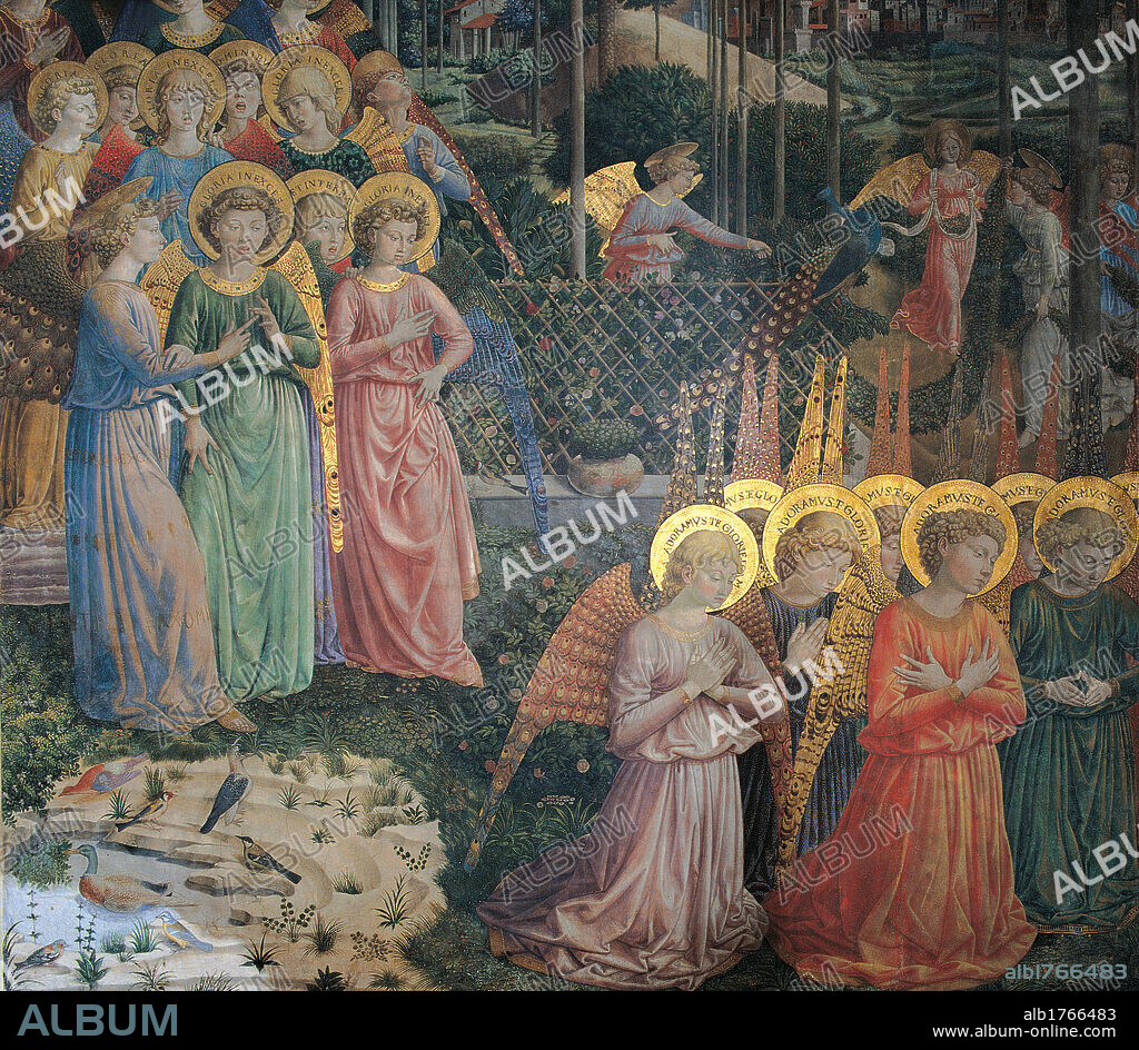 Frescoes of the Chapel of the Magi, by Benozzo di Lese di Sandro known as Benozzo Gozzoli, 15th Century, 1459-1460 about, fresco,. Italy, Tuscany, Florence, Palazzo Medici-Riccardi, Magi Chapel. Detail. Worshipping Angels. Wall left of altar, after restoration. Lower part of fresco. Angels halo wings birds gold red green pale-blue beige.