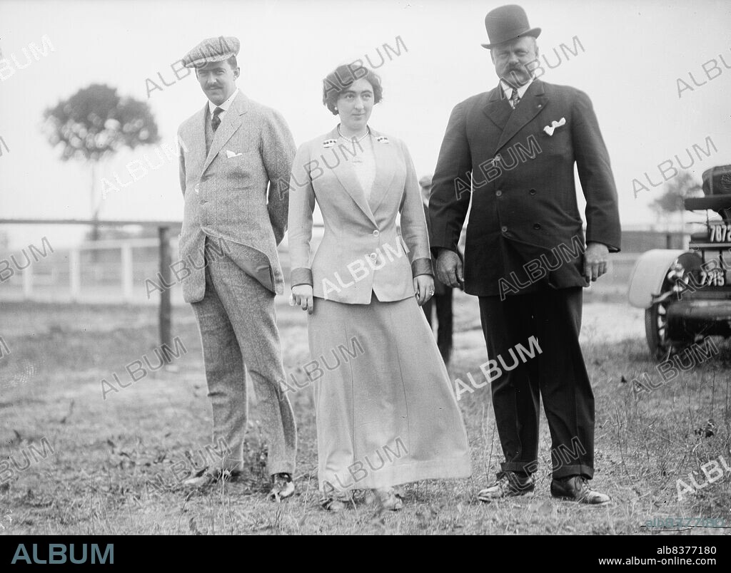 HARRIS & EWING. Mrs. Edward Beale McLean with Husband, 1911. [American mining heiress and socialite Evalyn Walsh McLean with her husband Ned McLean, publisher and owner of The Washington Post newspaper, and unidentified man at right].
