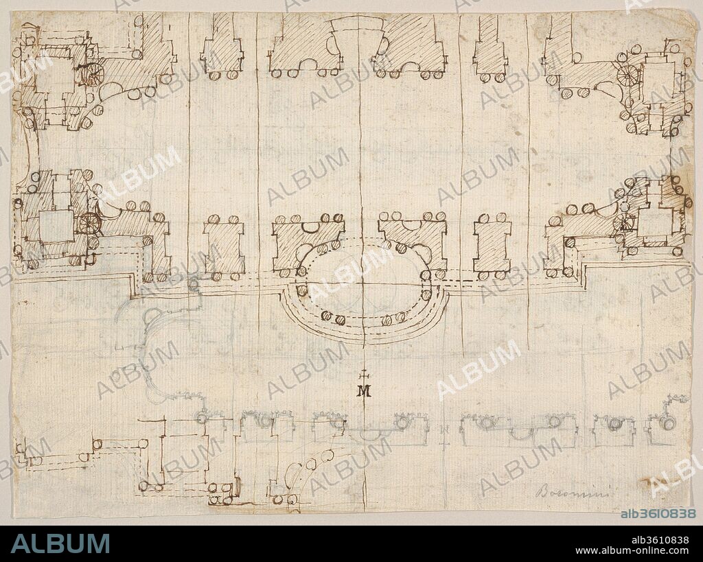 Studies for the Nave and Narthex of San Giovanni in Laterano, Rome (recto and verso). Artist: Francesco Borromini (Italian, Bissone near Lugano 1599-1667 Rome). Dimensions: Sheet: 11 x 8 1/8 in. (27.9 x 20.6 cm). Date: ca.1646-55.
Studies for the West nave and narthex of the Basilica of San Giovanni in Laterano in Rome, spread across both sides of the sheet. The designs consist of floor plans executed in black chalk and pen and brown ink. Borromini's work on the Basilica di San Giovanni in Laterano counts among the most important commissions of his career as an artist and architect.