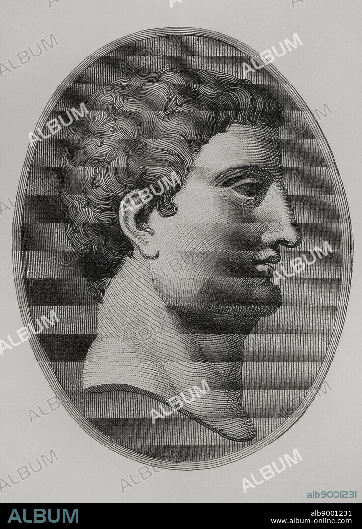 Marco Antonio (83-30 a.C.). Militar y político romano de la época de la República. Retrato. Grabado. "Los Héroes y las Grandezas de la Tierra". Tomo I. 1854.