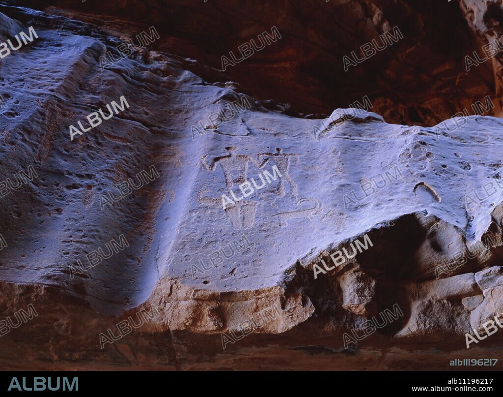 Rock drawings of Thamudic origin, relating to ancient tribe of Thamud, 3rd century BC to 2nd century AD, in canyon of Jebel Khazali, south of Rum village, Wadi Rum, Jordan.
