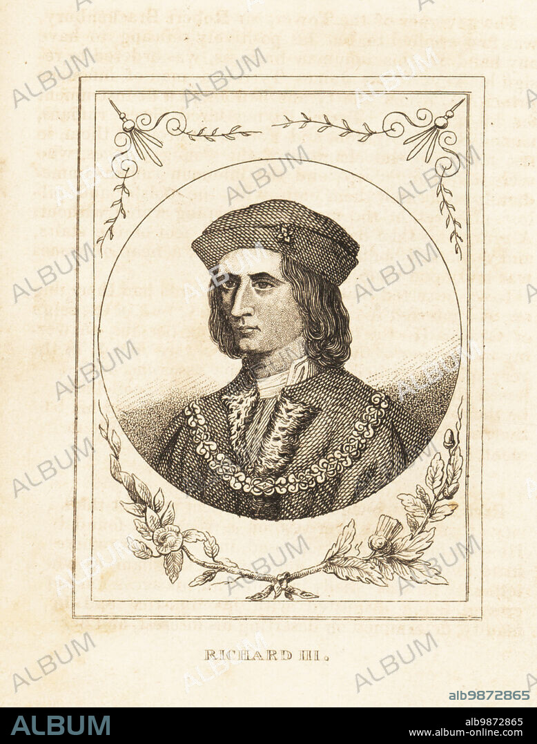 Portrait of King Richard III of England, 1452-1485 Copperplate engraving from M. A. Jones History of England from Julius Caesar to George IV, G. Virtue, 26 Ivy Lane, London, 1836.