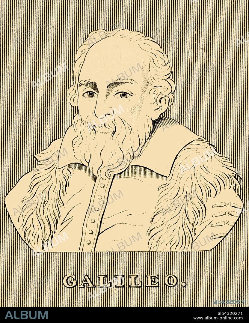 'Galileo', (1564-1642), 1830. Galileo Galilei (1564-1642), Italian astronomer, physicist, engineer and polymath from Pisa who studied speed and velocity, gravity and free fall and the principle of relativity. From "Biographical Illustrations", by Alfred Howard. [Thomas Tegg, R. Griffin and Co., J. Cumming, London, Glasgow and Dublin, 1830].