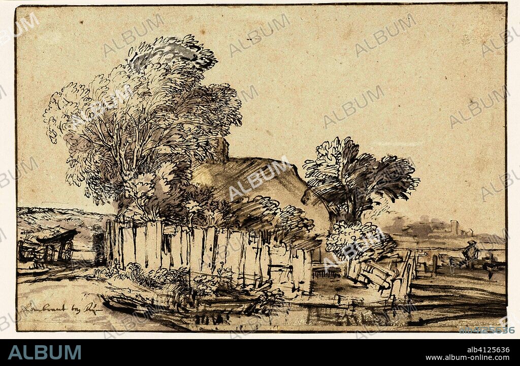 Cottage with White Paling among Trees. Draughtsman: Rembrandt van Rijn. Dating: 1648 and/or 1645. Place: Amsterdam. Measurements: h 171 mm (6 mm strip of paper added at the bottom) × w 255 mm.