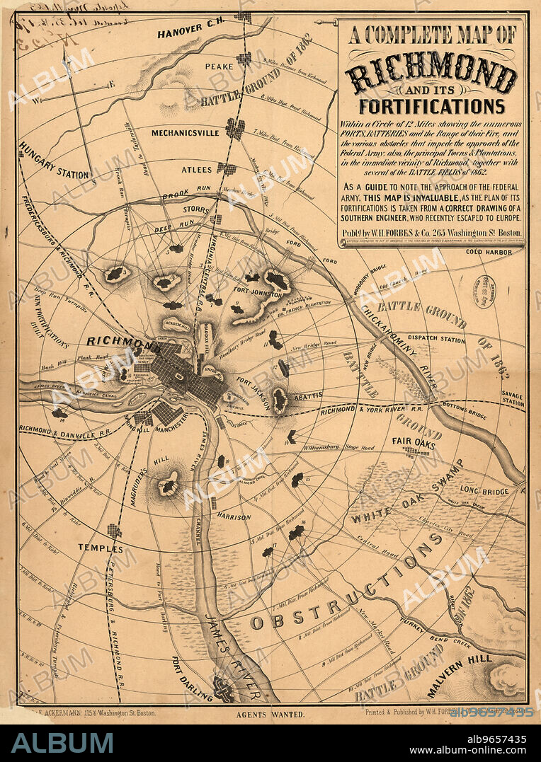 A Complete Map of Richmond and its Fortifications, American Civil War, Published by William H. Forbes & Co., 1863.