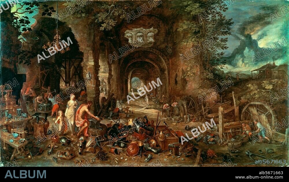 JAN BRUEGHEL DER ÄLTERE. Brueghel, Jan d. Ä. 1568-1625. "Venus in der Schmiede des Vulkan". (Eisenschmelzhütte in römischen Ruinen). Gemälde. Rom, Galleria Doria Pamphilij.