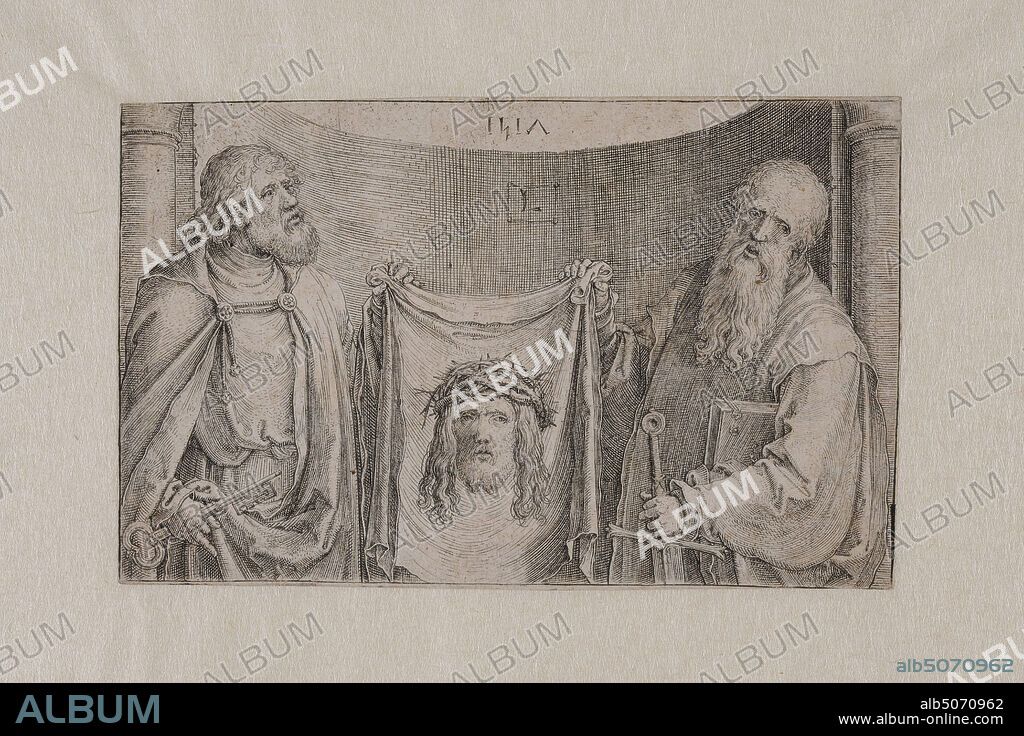 engraving, Lucas van Leyden, 1517, Signature front, top center: 1517, front, on tablet: L, ink, paper, printed, Carrier: 7.3 x 11.8cm (73 x 118mm), Day size: 8.1 x 12, 6cm (81 x 126mm), With passe-partout: 30 x 42.5cm (300 x 425mm), book, sword, man, key, Gavure depicting Peter and Paul with the canvas of Veronica. Both men have long hair and a beard and wear a long robe. On the left is Peter, with a key in his right hand. He holds the cloth with his left hand. On the right is Paul, with a sword in his left hand and a book under his arm. He holds the cloth with his right hand. The canvas depicts the face of Christ, seen from the front, with long hair and a crown of thorns on the head. Columns can be seen on the far left and right of Peter and Paul. Signed and dated 1895.