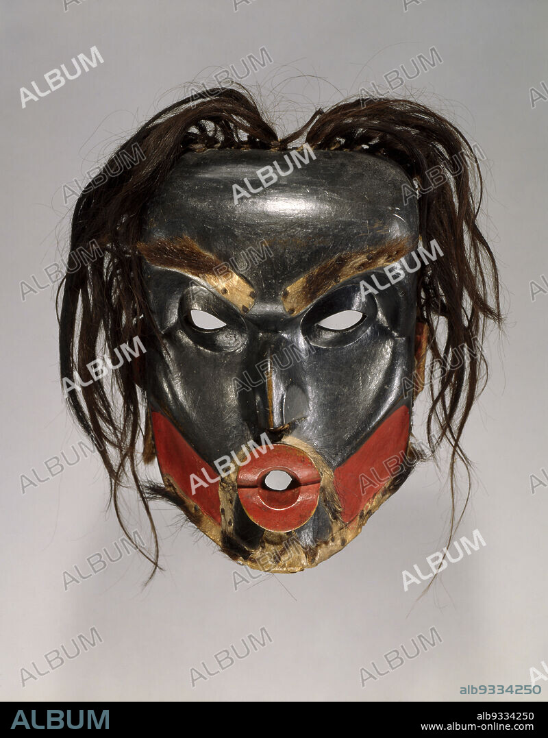 Dzunukwa Mask, Kwakwaka'wakw (Kwakiutl), c.1870, Wood with pigment, human hair, bear fur, seal skin, raffia, cloth, and metal nails, Alert Bay, British Columbia, Canada, North and Central America, Sculpture, wood, 13 x 11 3/4 x 6 in. (33 x 29.8 x 15.2 cm).