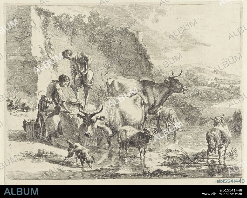 Berchem, Nicolaes Pietersz., Noordelijke Nederlanden, Visscher, Jan de, Diversa Animalia Quadrupedia, Landscapes with quadrupeds, Woman drying clothes on a stone, Northern Netherlands, verso - stamped, Sheep and cows are standing in a stream. On the left a shepherdess with a laundry basket next to her. She is putting some laundry on a stone. A shepherd boy is standing on the stone and watching. In the foreground a dog is drinking water from the stream., print, engraving, prints, engravings, View of a landscape with a stream in the foreground where a young woman is putting her laundry on a stone to dry. A shepherd boy is standing on the stone and watching, his cattle are standing in the water. In the foreground a dog drinking water from the stream., height 303 mm, width 392 mm, Noord-Nederlands, 1633 - 1692, print maker, printmaker, 1657 - 1706, paper, papier, etching, etchings, engraving (printing process), Work conception, 1620 - 1683-02-18.