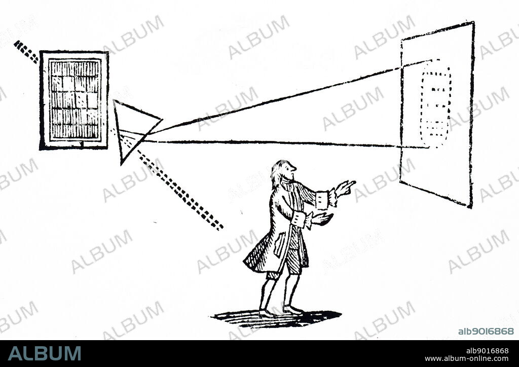 An engraving depicting Isaac Newton's experiment showing how a prism refracted a beam of light and broken down into the colours of the spectrum (right). The dotted line indicates the beam of light coming through the window, and the path it would take if not refracted by the prism. Dated 18th century.