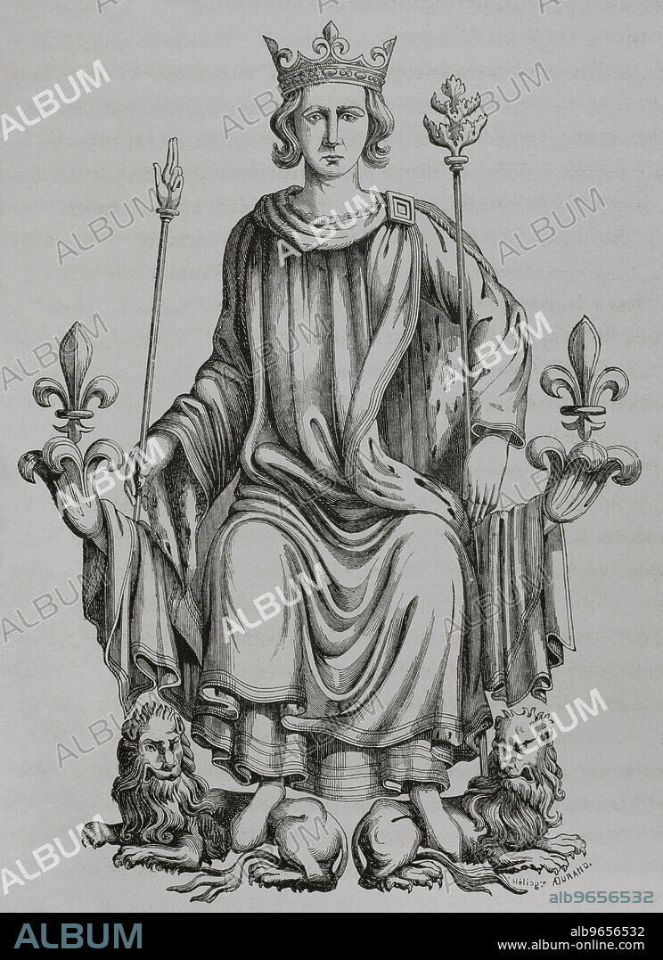 Carlos VI de Francia (1368-1422). Rey de Francia (1380-1422). El monarca en su trono. Grabado a partir de una miniatura de "Rois de France", siglo XVI. "Les Arts au Moyen Age et a l'Epoque de la Renaissance", por Paul Lacroix. París, 1877.