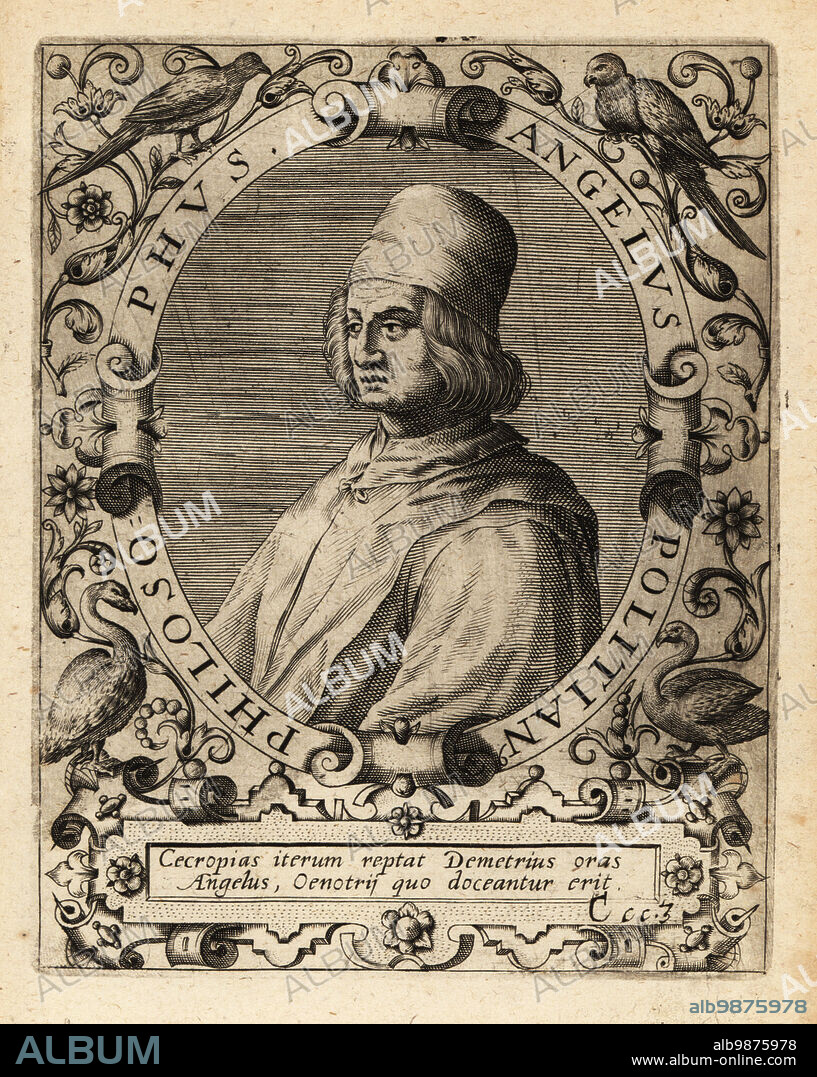 Agnolo Ambrogini, nickname Poliziano, Italian classical scholar and poet of the Florentine Renaissance, 1454-1494. Angelus Politianus Philosophus. Copperplate engraving by Johann Theodore de Bry from Jean-Jacques Boissards Bibliotheca Chalcographica, Johann Ammonius, Frankfurt, 1650.