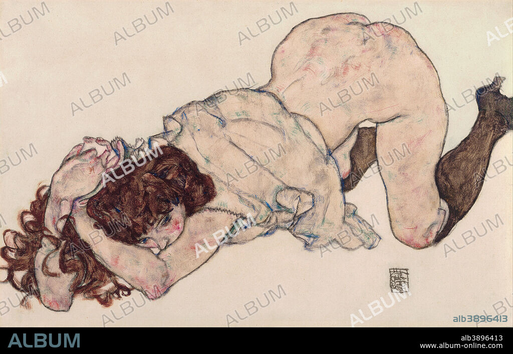 EGON SCHIELE. Kniendes Mädchen, auf beide Ellbogen gestützt Kneeling Girl, Resting on Both Elbows. Date/Period: 1917. Drawing. Height: 287 mm (11.29 in); Width: 443 mm (17.44 in).