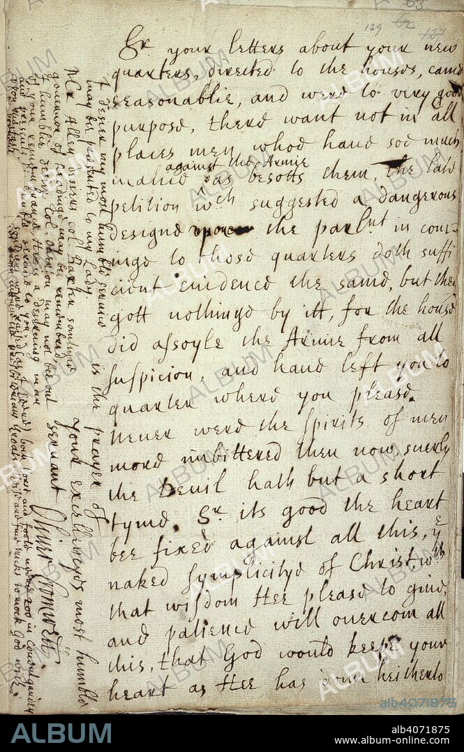Letter of Oliver Cromwell. England; 1646. [Whole folio] Autograph letter of Oliver Cromwell to Sir Thomas Fairfax. March 1646  Originally published/produced in England; 1646. . Source: Sloane 1519, f.129. Language: English.