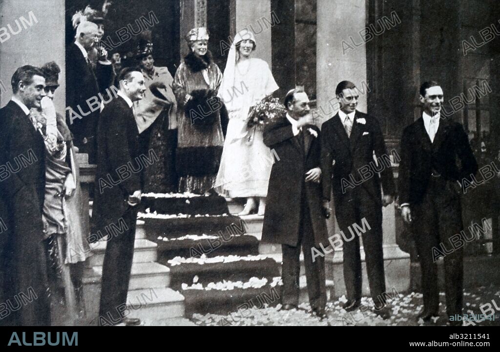 Photograph taken during the wedding of Maud of Wales (1869-1938) and King Haakon VII (1872-1957). Also pictured is King George V (1865-1936), Queen Elizabeth The Queen Mother (1900-2002), Alexandra of Denmark (1844-1925) and Queen Mary of Teck (1867-1953). Dated 20th Century.
