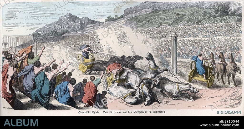 Historia Antigua. Grecia. Competiciones atléticas, carrera de cuádrigas en el hipódromo. Grabado alemán de 1865.