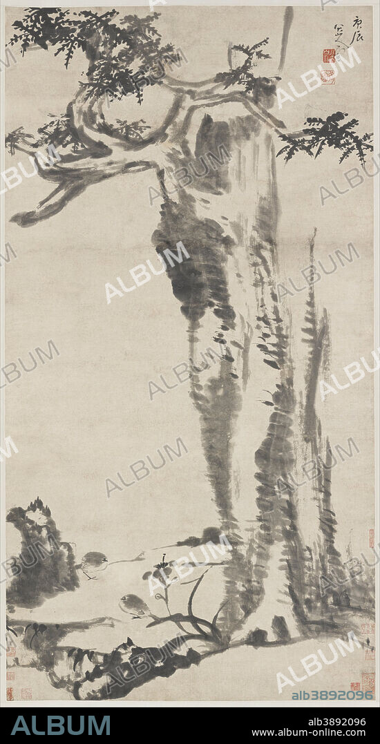 BADA SHANREN (ZHU DA). Cedar Tree, Day Lily, and Wagtails. Date/Period: 1700. Painting. Hanging scroll; ink on paper. Height: 1,737 mm (68.38 in); Width: 926 mm (36.45 in).