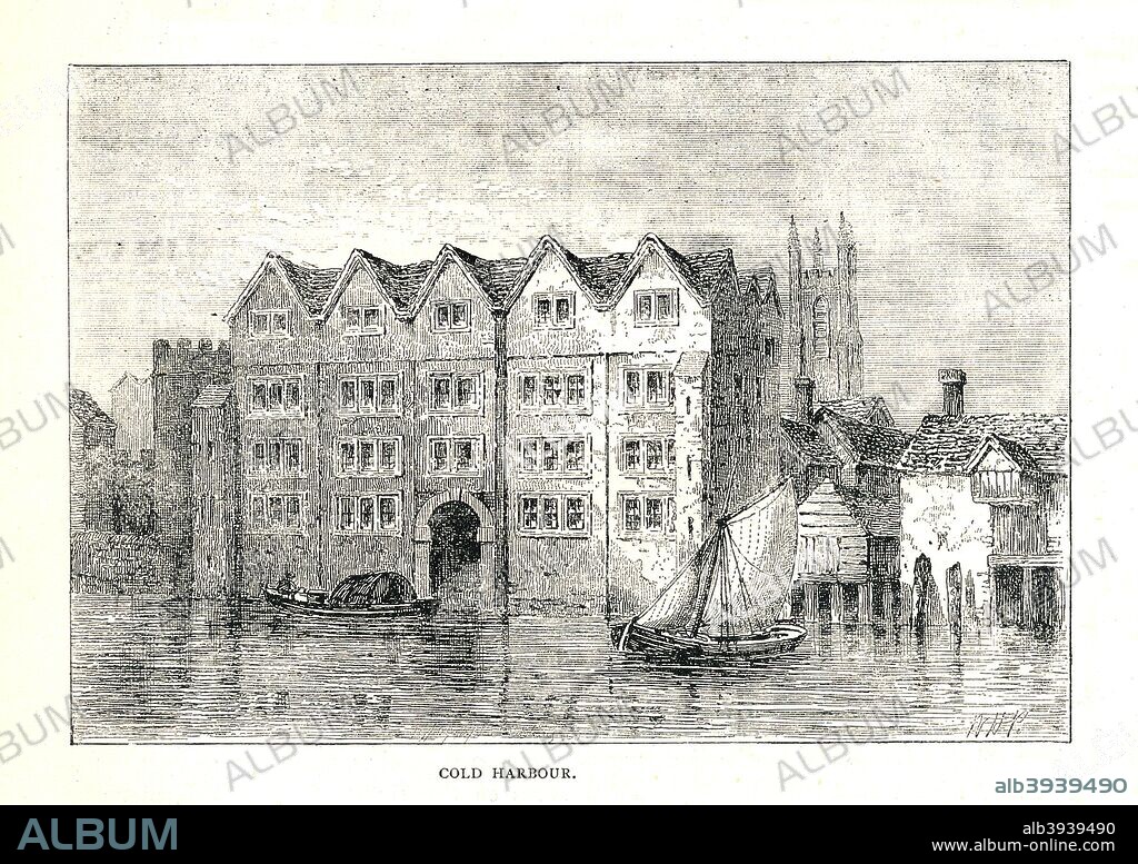 Cold Harbour. Medieval Mansion House North Bank of the Thames above London Bridge.Engraving from 'Old and New London' Volume 2.by Walter Thornbury.Published by Cassell,Petter and Galpin, 1894.