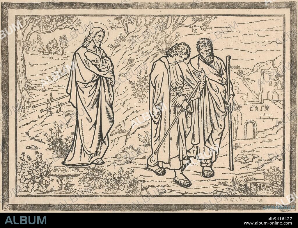 Kleopas and Petrus walk with walking sticks on a country road. Behind them is Christ, Emmaus participants., print maker: Gijsbertus Antonius Sluijters, (signed by artist), 1857 - 1927, paper, h 260 mm × w 382 mm.