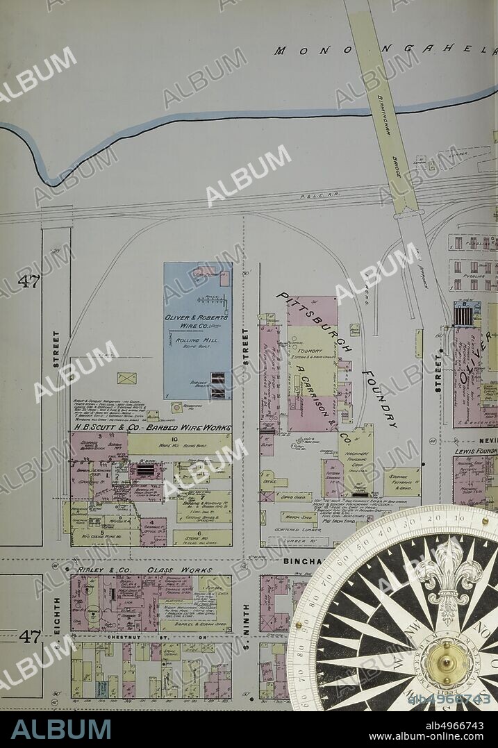 Image 19 of Sanborn Fire Insurance Map from Pittsburgh, Allegheny County, Pennsylvania. 1884 Vol. 2. 76 Sheet(s). Includes South Side, Allegheny. Double-paged plates numbered 38-74. Bound, America, street map with a Nineteenth Century compass.