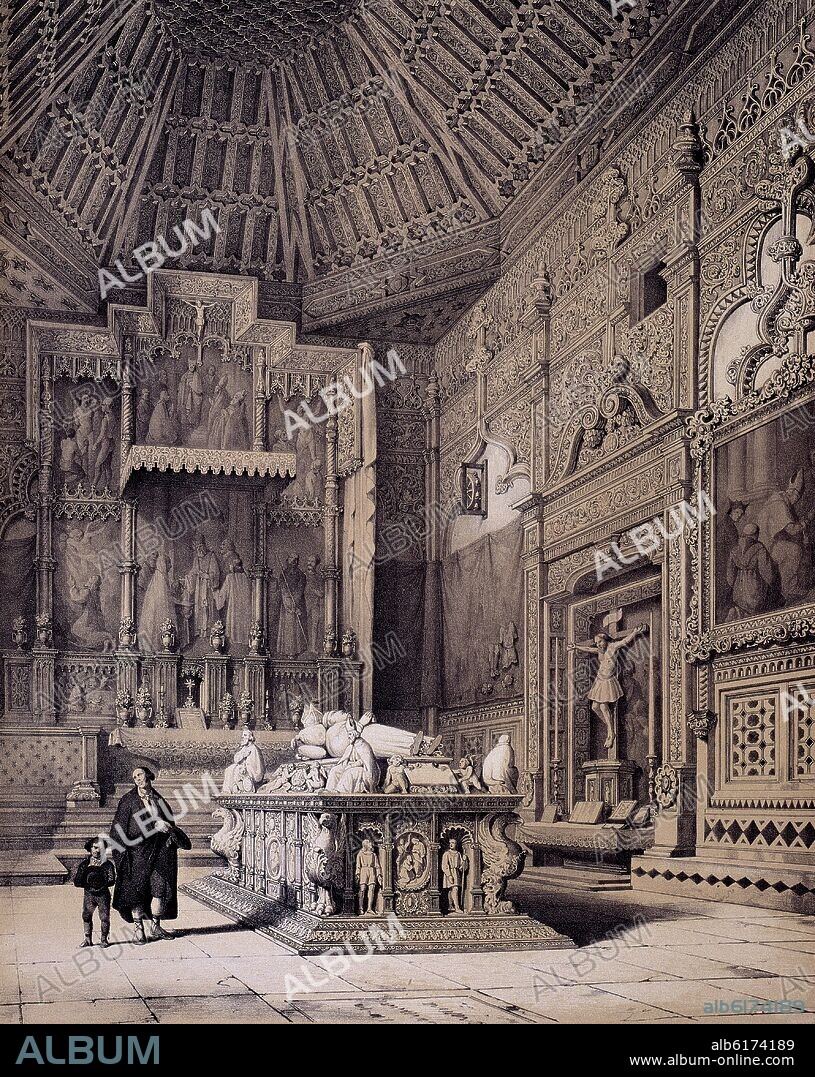 JENARO PEREZ VILLAAMIL (1807-1854). SEPULCRO DEL CARDENAL CISNEROS EN LA IGLESIA DE SAN ILDEFONSO DE ALCALA DE HENARES - LITOGRAFIA SIGLO XIX.